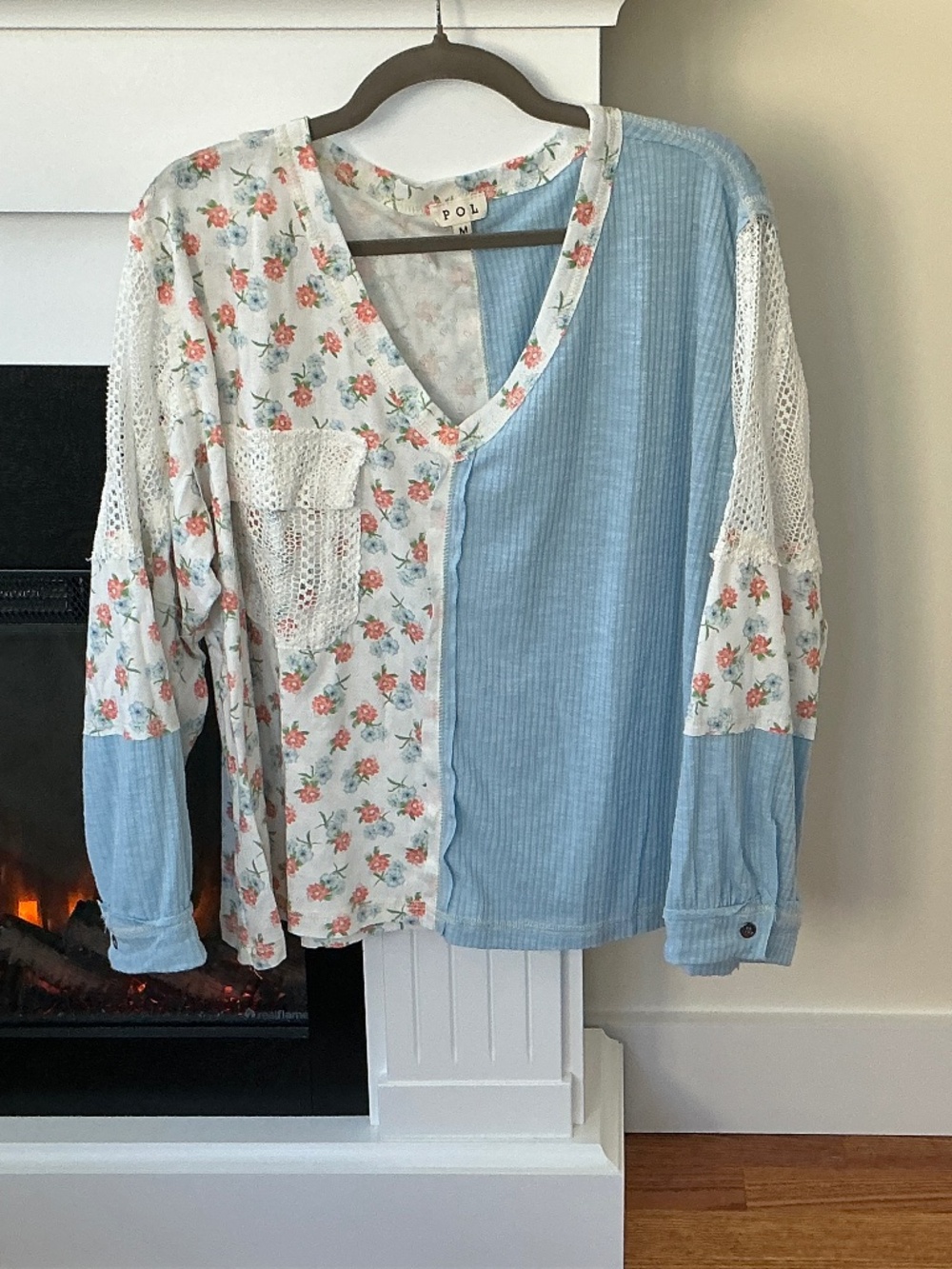 New POL Blue & White Floral Patchwork Long Sleeve Crochet